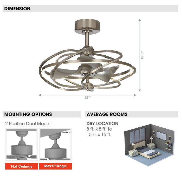 27" Bucholz Industrial DC Motor Brushed Nickel Downrod Mount Reversible Ceiling Fan with Lighting and Remote Control - Sweatfully