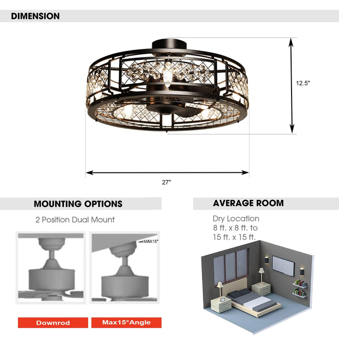 27" Wright Modern DC Motor Downrod Mount Reversible Crystal Ceiling Fan with Lighting and Remote Control - Sweatfully