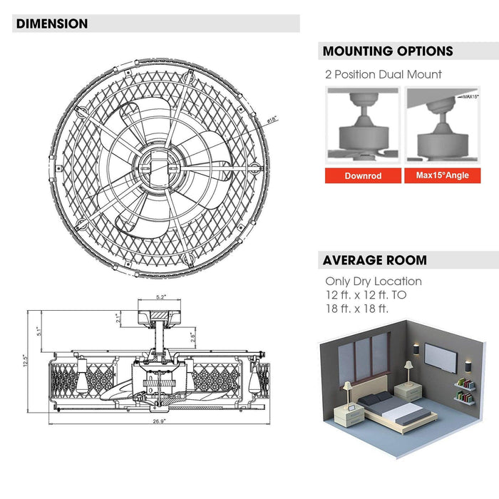27" Wright Modern DC Motor Downrod Mount Reversible Crystal Ceiling Fan with Lighting and Remote Control - Sweatfully