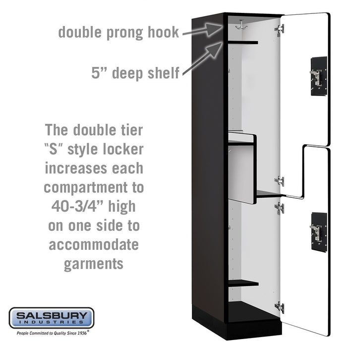 Salsbury 15" Wide Double Tier 'S' Style Designer Wood Locker - 1 Wide - 6 Feet High - 21 Inches Deep - Black - Black Resettable Combination Locks - Sweatfully
