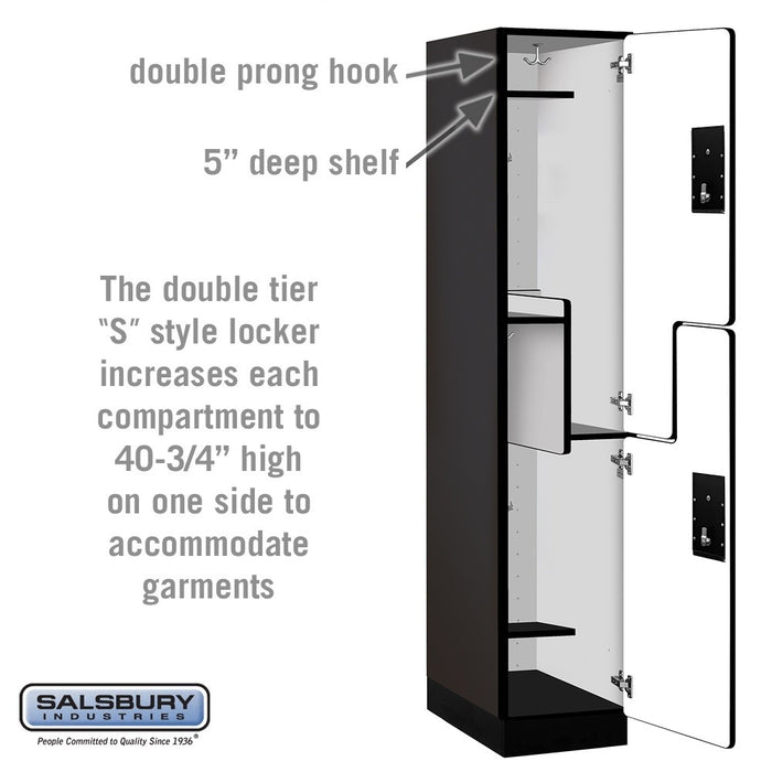 Salsbury 15" Wide Double Tier 'S' Style Designer Wood Locker - 1 Wide - 6 Feet High - 21 Inches Deep - Black - Silver Electronic Locks - Sweatfully