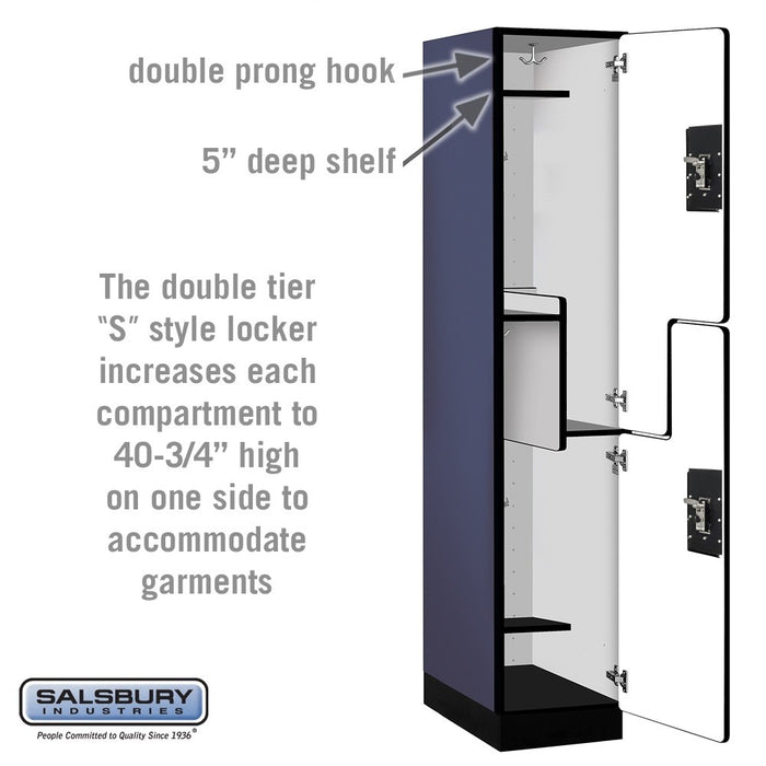 Salsbury 15" Wide Double Tier 'S' Style Designer Wood Locker - 1 Wide - 6 Feet High - 21 Inches Deep - Blue - Silver Resettable Combination Locks - Sweatfully