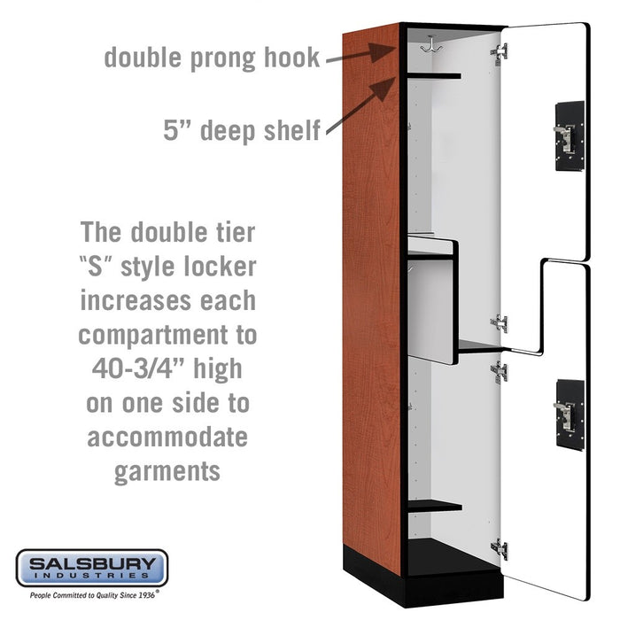 Salsbury 15" Wide Double Tier 'S' Style Designer Wood Locker - 1 Wide - 6 Feet High - 21 Inches Deep - Cherry - Black Resettable Combination Locks - Sweatfully