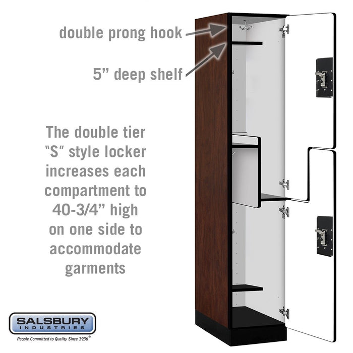 Salsbury 15" Wide Double Tier 'S' Style Designer Wood Locker - 1 Wide - 6 Feet High - 21 Inches Deep - Mahogany - Black Resettable Combination Locks - Sweatfully