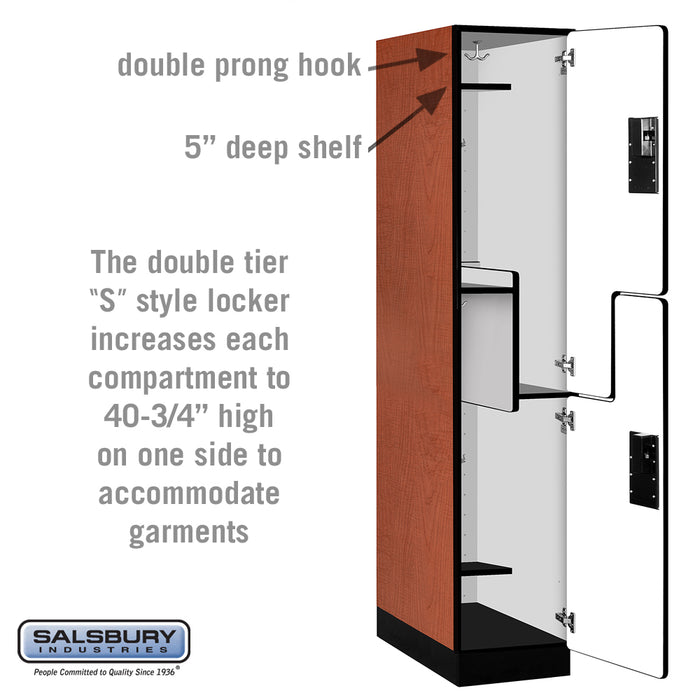 Salsbury 15" Wide Double Tier 'S' Style Designer Wood Locker - 1 Wide - 6 Feet High - 24 Inches Deep - Cherry - Hasps - Sweatfully