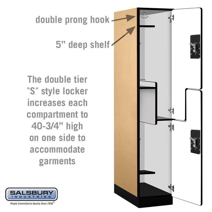 Salsbury 15" Wide Double Tier 'S' Style Designer Wood Locker - 1 Wide - 6 Feet High - 24 Inches Deep - Maple - Silver Resettable Combination Locks - Sweatfully