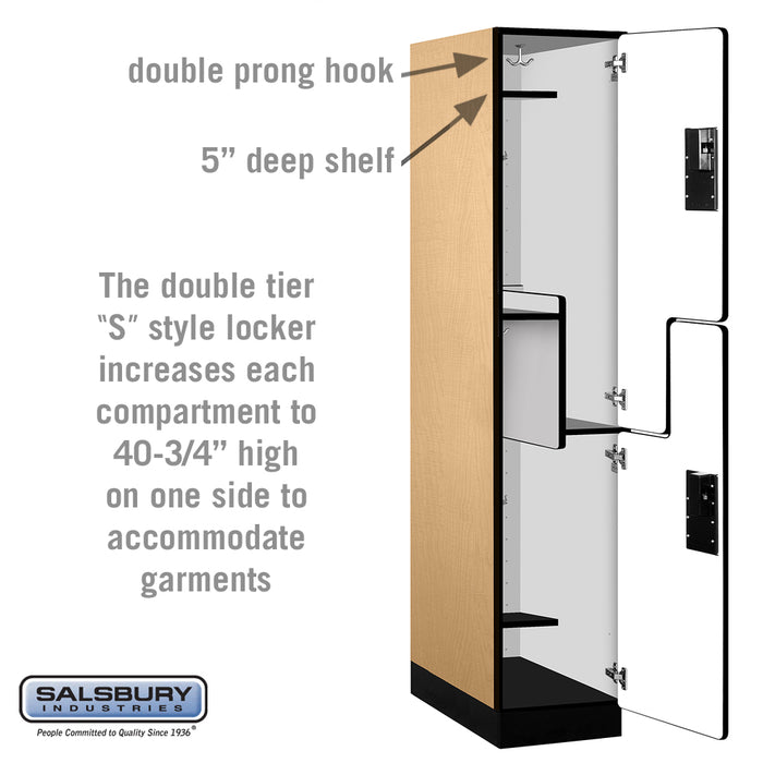 Salsbury 15" Wide Double Tier 'S' Style Designer Wood Locker - 1 Wide - 6 Feet High - 24 Inches Deep - Maple - Hasps - Sweatfully