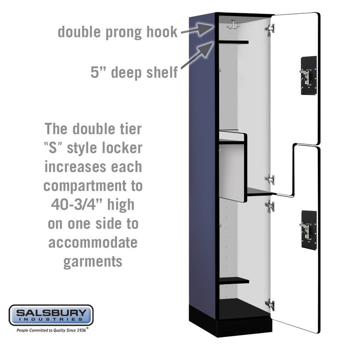Salsbury 15" Wide Double Tier 'S' Style Designer Wood Locker - 1 Wide - 6 Feet High - 18 Inches Deep - Blue - Black Resettable Combination Locks - Sweatfully