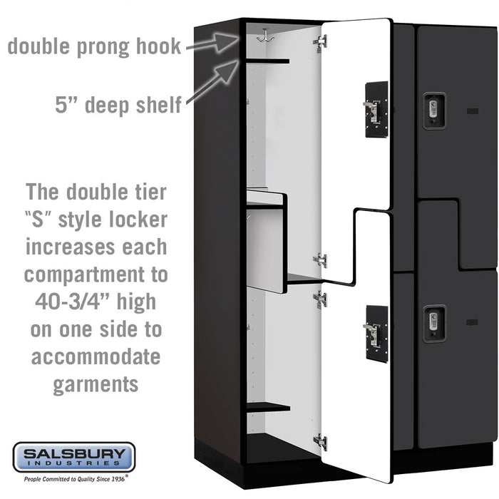 Salsbury 15" Wide Double Tier 'S' Style Designer Wood Locker - 3 Wide - 6 Feet High - 21 Inches Deep - Black - Silver Resettable Combination Locks - Sweatfully
