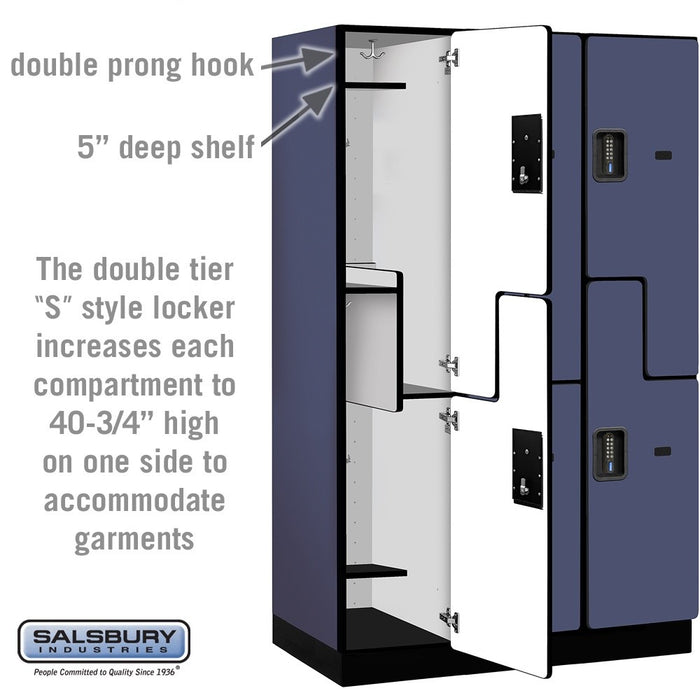 Salsbury 15" Wide Double Tier 'S' Style Designer Wood Locker - 3 Wide - 6 Feet High - 21 Inches Deep - Blue - Black Electronic Locks - Sweatfully