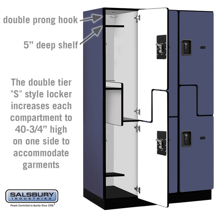 Salsbury 15" Wide Double Tier 'S' Style Designer Wood Locker - 3 Wide - 6 Feet High - 21 Inches Deep - Blue - Black Resettable Combination Locks - Sweatfully