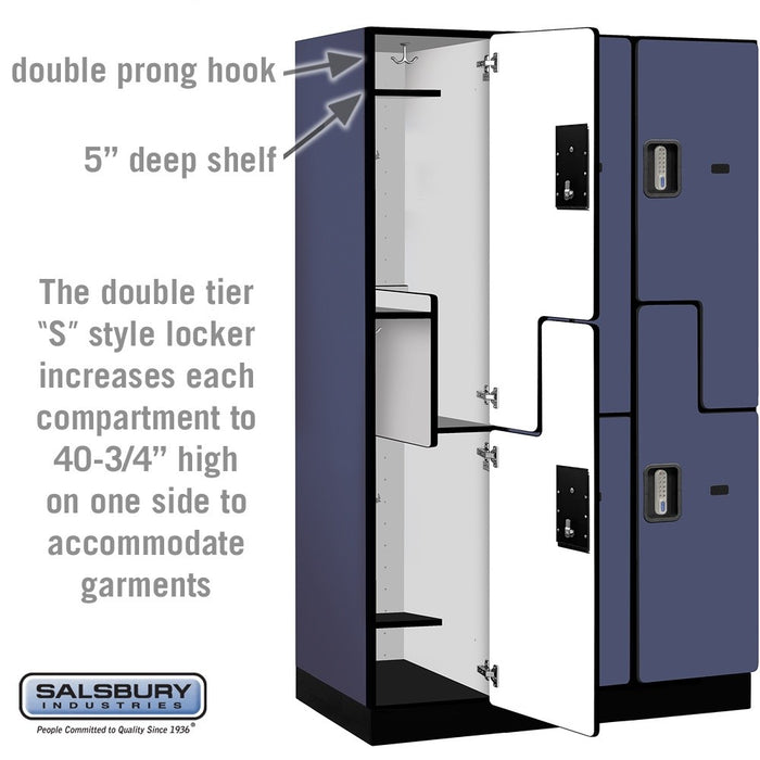 Salsbury 15" Wide Double Tier 'S' Style Designer Wood Locker - 3 Wide - 6 Feet High - 21 Inches Deep - Blue - Silver Electronic Locks - Sweatfully