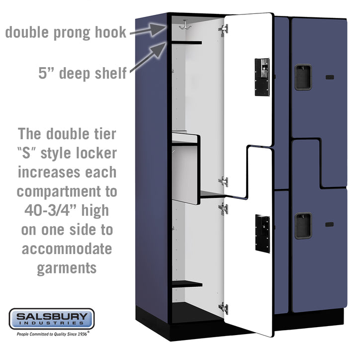 Salsbury 15" Wide Double Tier 'S' Style Designer Wood Locker - 3 Wide - 6 Feet High - 21 Inches Deep - Blue - Hasps - Sweatfully