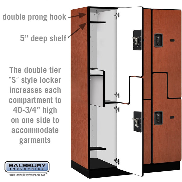 Salsbury 15" Wide Double Tier 'S' Style Designer Wood Locker - 3 Wide - 6 Feet High - 21 Inches Deep - Cherry - Black Resettable Combination Locks - Sweatfully