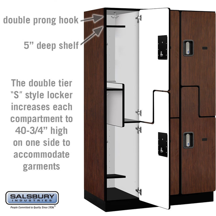 Salsbury 15" Wide Double Tier 'S' Style Designer Wood Locker - 3 Wide - 6 Feet High - 21 Inches Deep - Mahogany - Silver Electronic Locks - Sweatfully