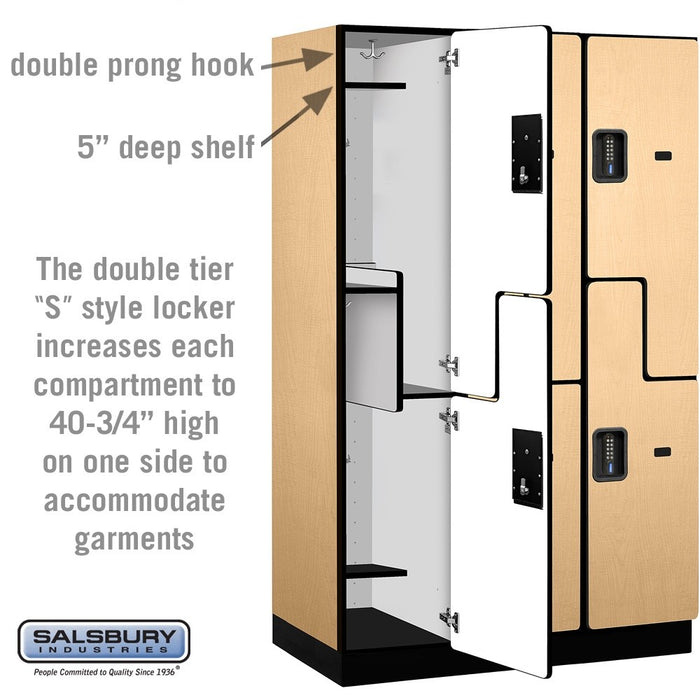 Salsbury 15" Wide Double Tier 'S' Style Designer Wood Locker - 3 Wide - 6 Feet High - 21 Inches Deep - Maple - Black Electronic Locks - Sweatfully