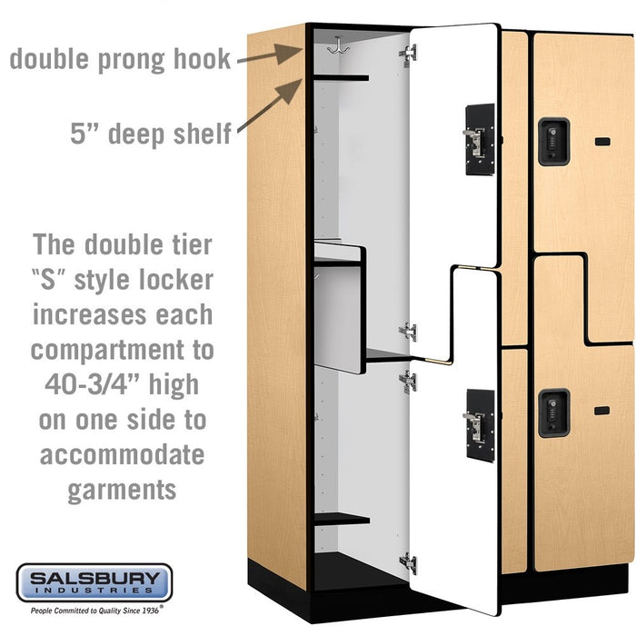 Salsbury 15" Wide Double Tier 'S' Style Designer Wood Locker - 3 Wide - 6 Feet High - 21 Inches Deep - Maple - Black Resettable Combination Locks - Sweatfully