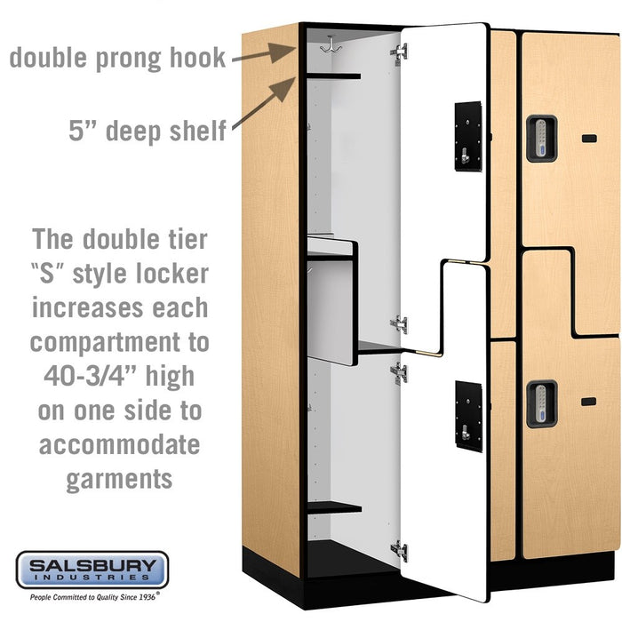 Salsbury 15" Wide Double Tier 'S' Style Designer Wood Locker - 3 Wide - 6 Feet High - 21 Inches Deep - Maple - Silver Electronic Locks - Sweatfully