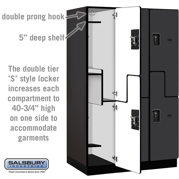 Salsbury 15" Wide Double Tier 'S' Style Designer Wood Locker - 3 Wide - 6 Feet High - 24 Inches Deep - Black - Black Resettable Combination Locks - Sweatfully