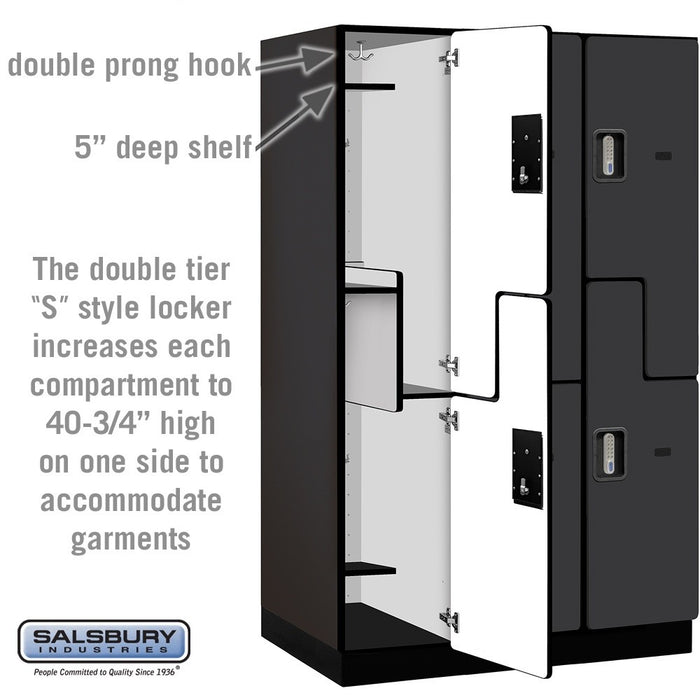 Salsbury 15" Wide Double Tier 'S' Style Designer Wood Locker - 3 Wide - 6 Feet High - 24 Inches Deep - Black - Silver Electronic Locks - Sweatfully