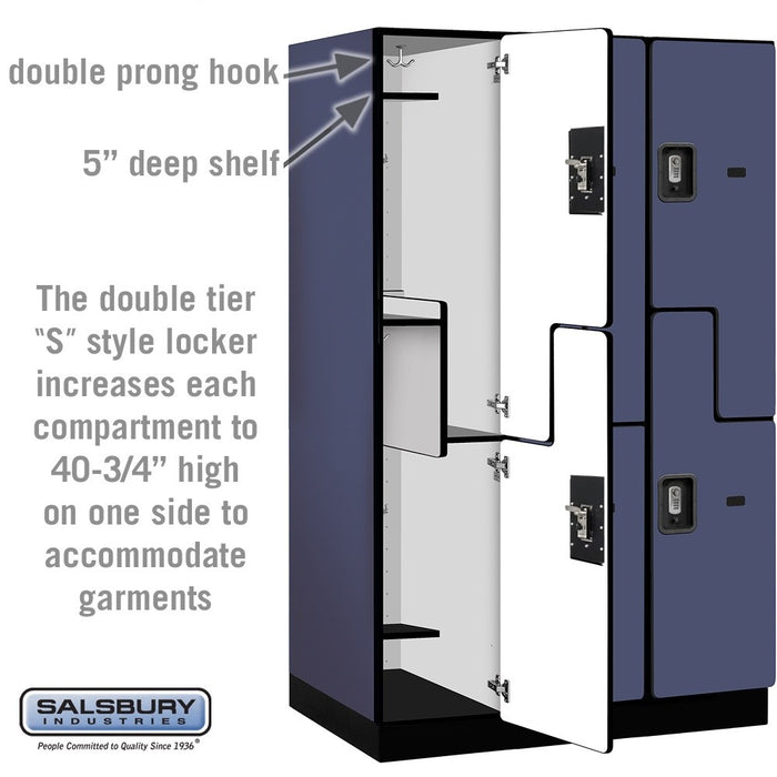Salsbury 15" Wide Double Tier 'S' Style Designer Wood Locker - 3 Wide - 6 Feet High - 24 Inches Deep - Blue - Silver Resettable Combination Locks - Sweatfully