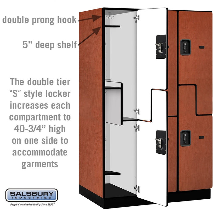 Salsbury 15" Wide Double Tier 'S' Style Designer Wood Locker - 3 Wide - 6 Feet High - 24 Inches Deep - Cherry - Black Resettable Combination Locks - Sweatfully