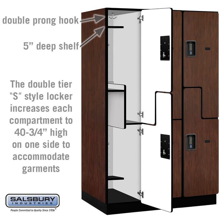 Salsbury 15" Wide Double Tier 'S' Style Designer Wood Locker - 3 Wide - 6 Feet High - 24 Inches Deep - Mahogany - Black Electronic Locks - Sweatfully