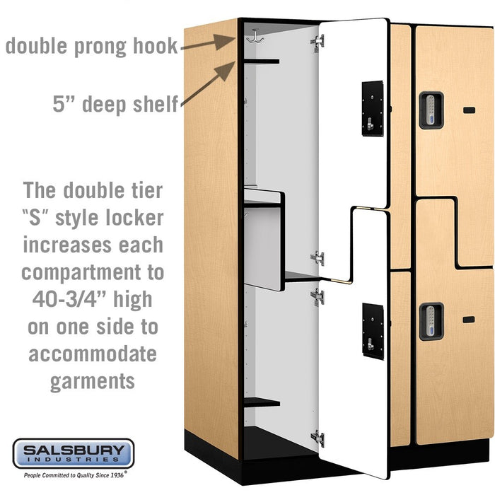 Salsbury 15" Wide Double Tier 'S' Style Designer Wood Locker - 3 Wide - 6 Feet High - 24 Inches Deep - Maple - Silver Electronic Locks - Sweatfully