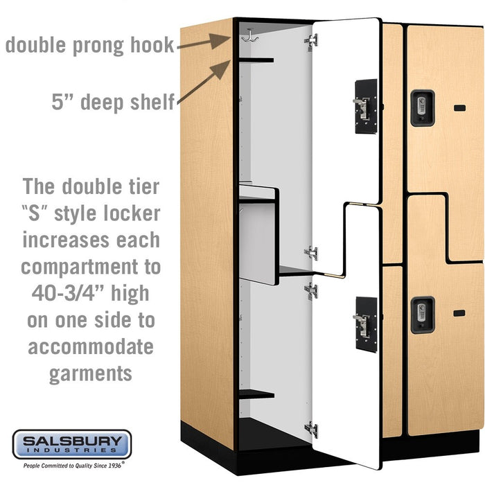Salsbury 15" Wide Double Tier 'S' Style Designer Wood Locker - 3 Wide - 6 Feet High - 24 Inches Deep - Maple - Silver Resettable Combination Locks - Sweatfully
