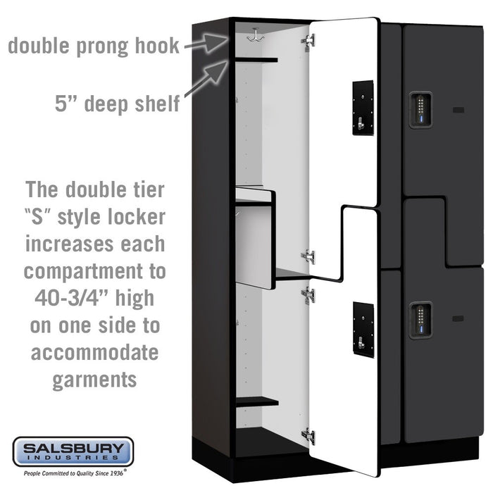 Salsbury 15" Wide Double Tier 'S' Style Designer Wood Locker - 3 Wide - 6 Feet High - 18 Inches Deep - Black - Black Electronic Locks - Sweatfully