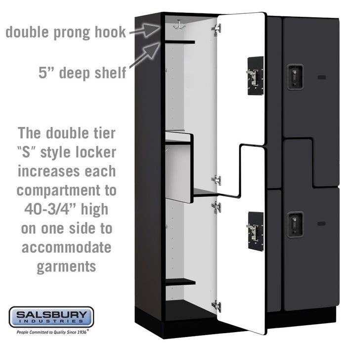 Salsbury 15" Wide Double Tier 'S' Style Designer Wood Locker - 3 Wide - 6 Feet High - 18 Inches Deep - Black - Black Resettable Combination Locks - Sweatfully