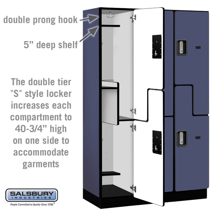 Salsbury 15" Wide Double Tier 'S' Style Designer Wood Locker - 3 Wide - 6 Feet High - 18 Inches Deep - Blue - Silver Electronic Locks - Sweatfully
