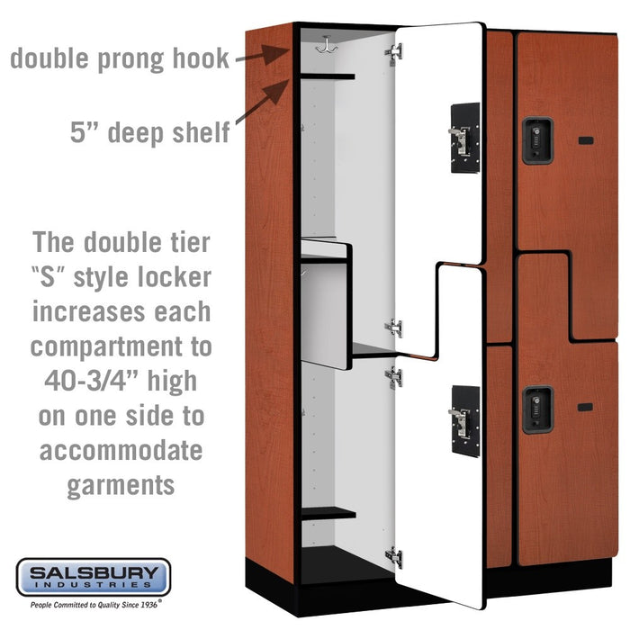 Salsbury 15" Wide Double Tier 'S' Style Designer Wood Locker - 3 Wide - 6 Feet High - 18 Inches Deep - Cherry - Black Resettable Combination Locks - Sweatfully