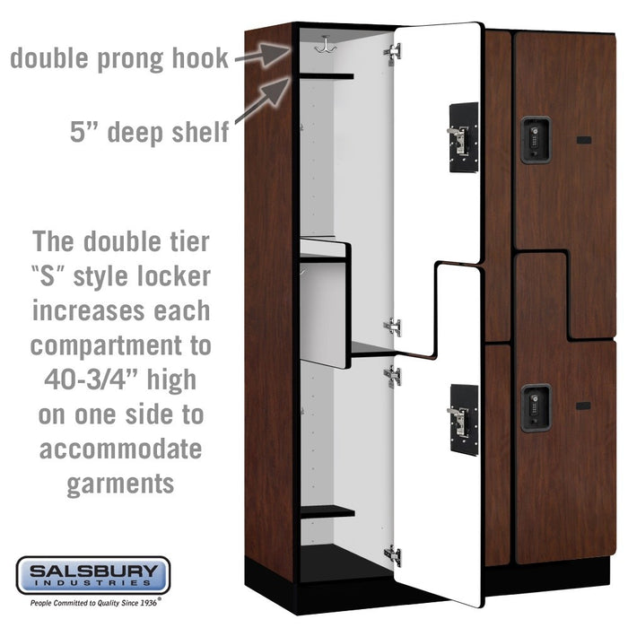 Salsbury 15" Wide Double Tier 'S' Style Designer Wood Locker - 3 Wide - 6 Feet High - 18 Inches Deep - Mahogany - Black Resettable Combination Locks - Sweatfully