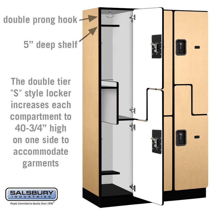 Salsbury 15" Wide Double Tier 'S' Style Designer Wood Locker - 3 Wide - 6 Feet High - 18 Inches Deep - Maple - Black Resettable Combination Locks - Sweatfully