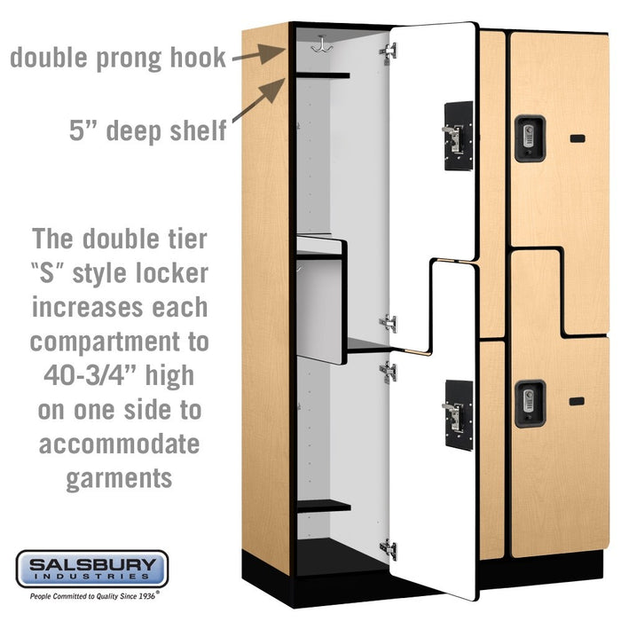 Salsbury 15" Wide Double Tier 'S' Style Designer Wood Locker - 3 Wide - 6 Feet High - 18 Inches Deep - Maple - Silver Resettable Combination Locks - Sweatfully