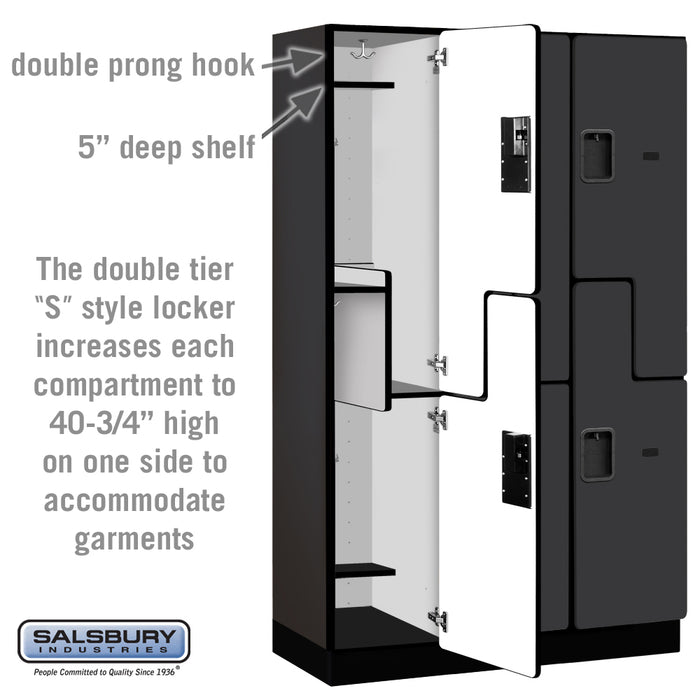 Salsbury 15" Wide Double Tier 'S' Style Designer Wood Locker - 3 Wide - 6 Feet High - 18 Inches Deep - Black - Hasps - Sweatfully