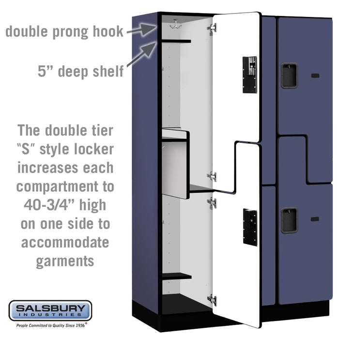 Salsbury 15" Wide Double Tier 'S' Style Designer Wood Locker - 3 Wide - 6 Feet High - 18 Inches Deep - Blue - Hasps - Sweatfully