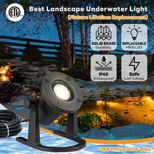Gardenreet Cast Brass LED Underwater Pond Light for Submersible,Waterfall,Pool,Fountain (2801) - Sweatfully