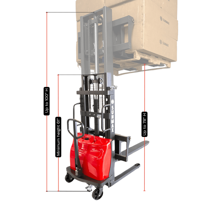 SUNMAX PS3300SE-2M Semi-Electric Pallet Stacker, 3300 lbs Capacity, 78" Lifting Height - Sweatfully