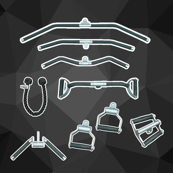 Essentials Cable Attachment Kit - Cable Attachment Kit #2 - Muscle D Fitness - 48 & 36" Lat Bar Curl Bar Single and Double Handles Triceps Rope - Sweatfully
