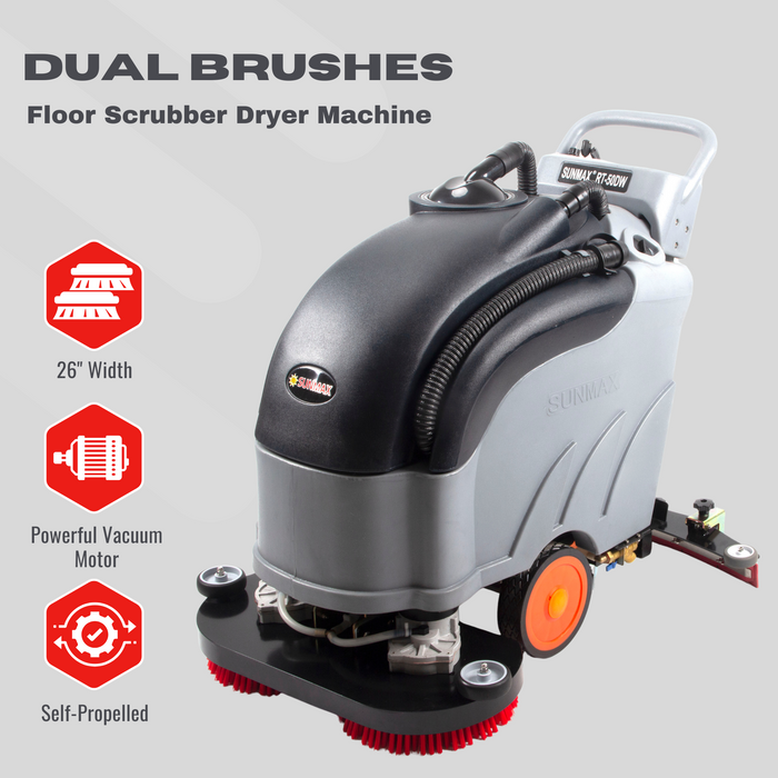 SUNMAX RT50DW 26" Dual Brushes Self-Propelled Floor Scrubber Dryer Machine - Sweatfully