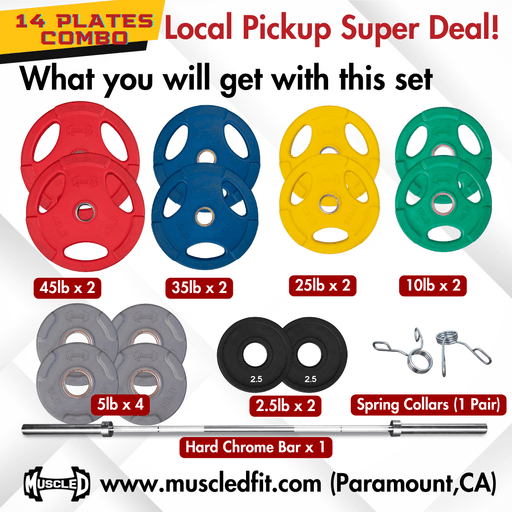 Muscle D 14 Olympic Plates + Bar + Spring Collars - Local Pick Up Only Deal(Paramount,CA) - Sweatfully