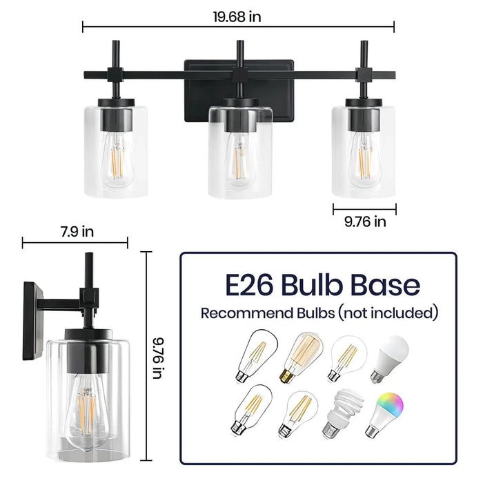 Jasper 3-Light Modern Clear Glass Bathroom Vanity Light, Black & Nickel - Sweatfully