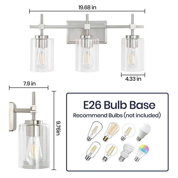 Jasper 3-Light Modern Clear Glass Bathroom Vanity Light, Black & Nickel - Sweatfully