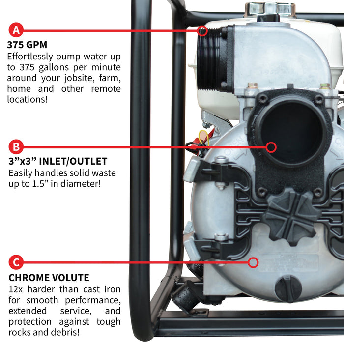 PRE ORDER: 3 Inch Trash Water Pump 375 GPM 8 HP GX270 powered by Honda Portable Utility - Sweatfully