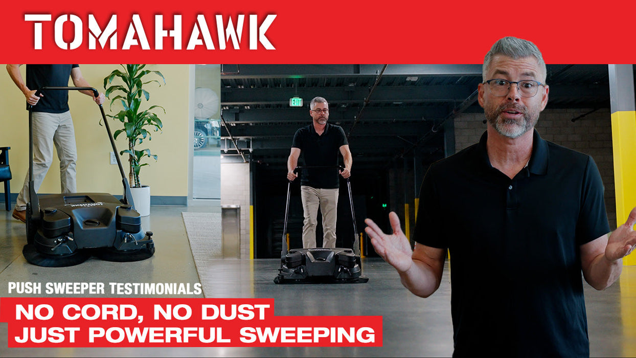 30" Battery Powered Push Sweeper with Triple Power Brooms Electric Drive and Dust Suppression - Sweatfully