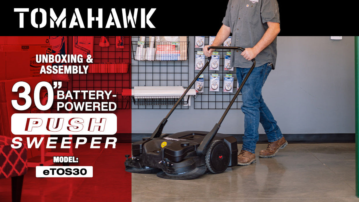 30" Battery Powered Push Sweeper with Triple Power Brooms Electric Drive and Dust Suppression - Sweatfully