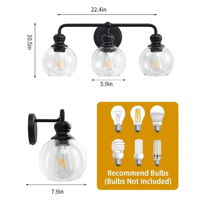 Irvine Black Modern Clear Glass 3-Light Vanity Light - Sweatfully
