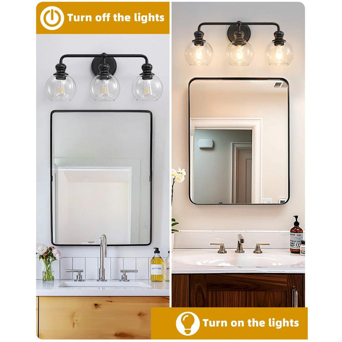 Irvine Black Modern Clear Glass 3-Light Vanity Light - Sweatfully